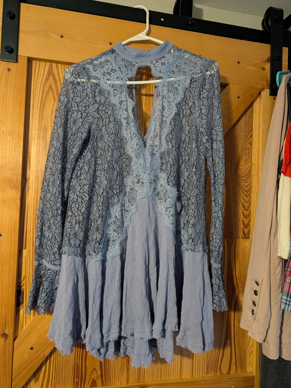 Free People Dusty Blue Lace Long Sleeve Mini Dress